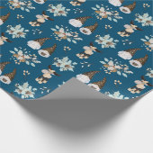 kerstgnomen en ganzen op blauw cadeaupapier (Hoek)