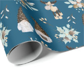 kerstgnomen en ganzen op blauw cadeaupapier (Rol Hoek)