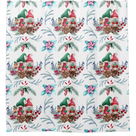 Kerstgnomen Floral Pattern Douchegordijn (Voorkant)