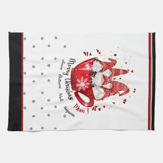Kerstgnomen in koffiebeker rode namen theedoek (Horizontaal)