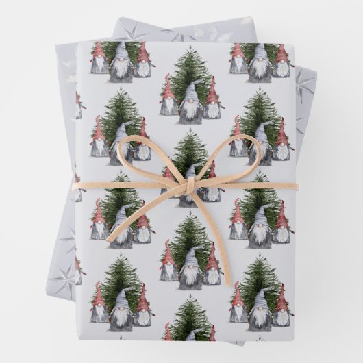 Kerstgnomen Nordic Blue Snowflakes Stars Inpakpapier Vel (In situ)