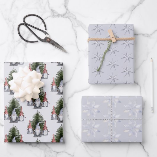 Kerstgnomen Nordic Blue Snowflakes Stars Inpakpapier Vel (Voorkant)