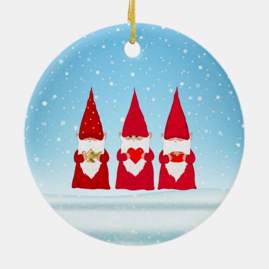 Kerstgnomen op lichtblauw keramisch ornament (Achterkant)