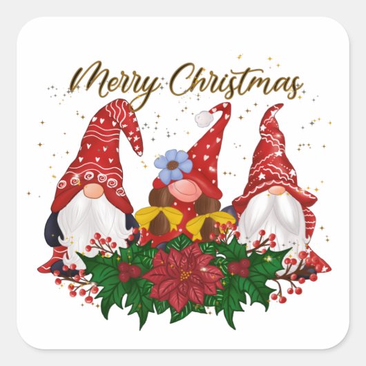 Kerstgnomen Poinsettia Whimsical Woodland Vierkante Sticker (Voorkant)