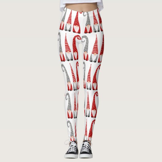 kerstgnomen Red Grey Holiday Pattern Leggings (Voorkant)