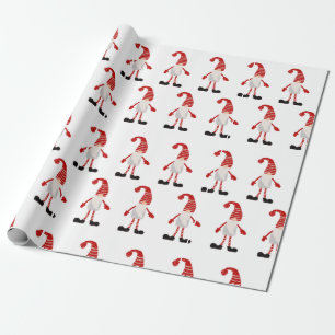 kerstgnomen rood-grijs stripe patroon cadeaupapier