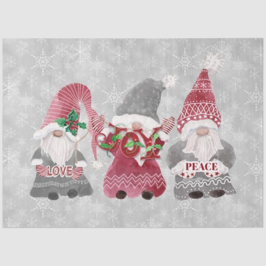 Kerstgnomen Snowflakes Gray Red Decoupage Art Tissuepapier (Voorkant)