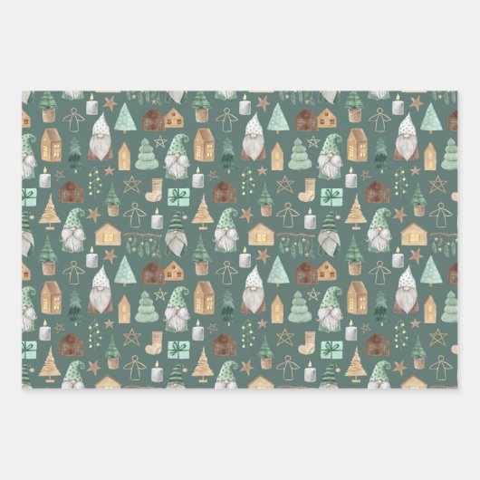 Kerstgnomen White Green Gold Trendy Whimsical Inpakpapier Vel (Voorkant 3)