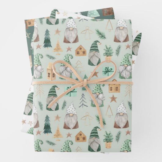 Kerstgnomen White Green Gold Trendy Whimsical Inpakpapier Vel (In situ)