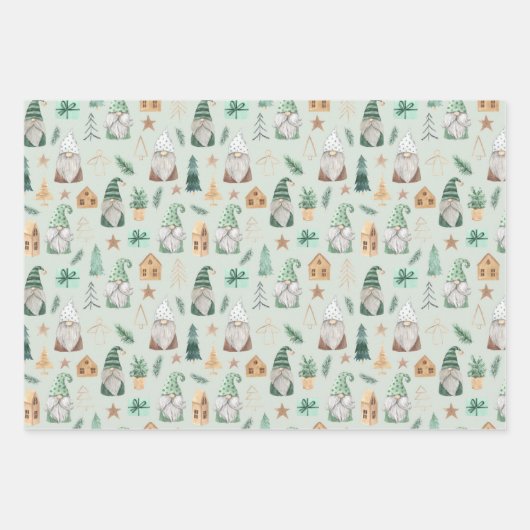 Kerstgnomen White Green Gold Trendy Whimsical Inpakpapier Vel (Voorkant)