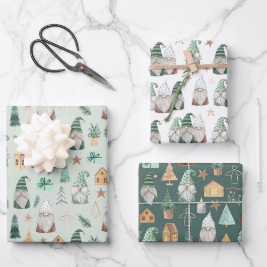 Kerstgnomen White Green Gold Trendy Whimsical Inpakpapier Vel (Voorkant)