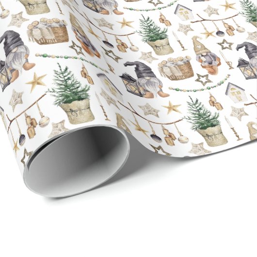 Kerstgnomes boerderij huis Scandi Cadeaupapier (Rol Hoek)