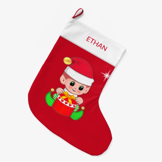 Kerstgnoom en cadeaudoos op rood grote kerstsok (Voorkant (Hangend))