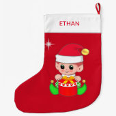 Kerstgnoom en cadeaudoos op rood grote kerstsok (Achterkant)