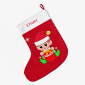 Kerstgnoom en cadeaudoos op rood grote kerstsok (Achterkant (Hangend))