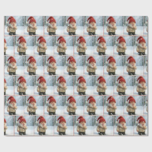 Kerstgnoom in sneeuwvlokken met snoepriet cadeaupapier (Vlak)