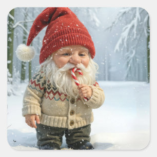 Kerstgnoom in sneeuwvlokken met snoepriet vierkante sticker