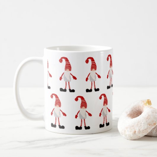 Kerstgnoom Nordic Pattern Red Gray White Koffiemok (Met donut)