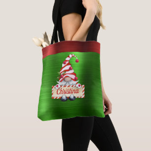 Kerstgnoom Red Striped Pet Green Metallic Tote Bag
