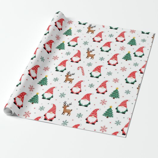 Kerstgnoom rendierpatroon cadeaupapier (Uitgerold)