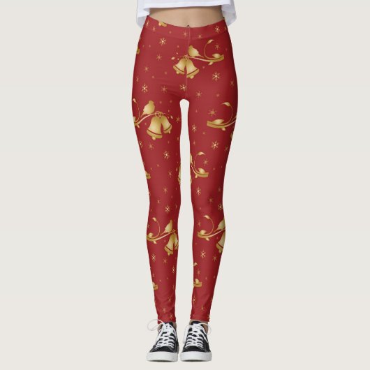 Kerstgoud belletjes op rode patroon leggings (Voorkant)