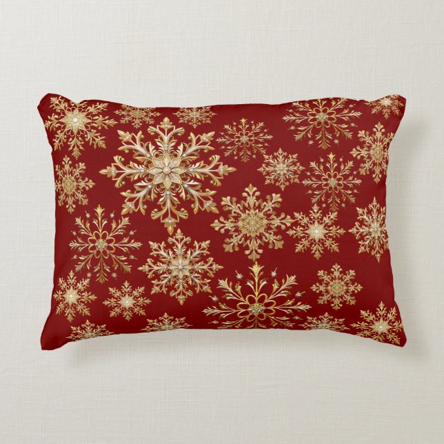 Kerstgoud en rode sneeuwvlok  accent kussen (Voorkant)