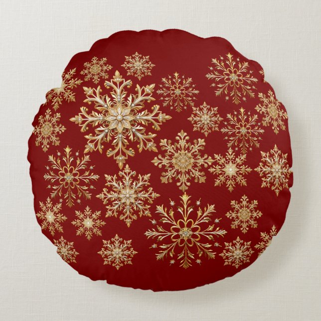 Kerstgoud en rode sneeuwvlok  rond kussen (Voorkant)