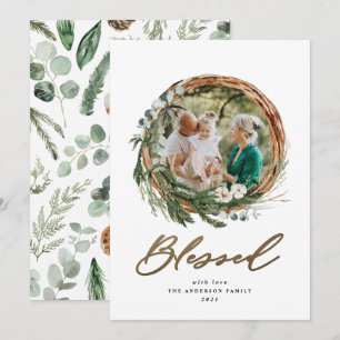 Kerstgoud gezegend schrift botanisch 1 foto feestdagenkaart