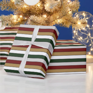 Kerstgoud Groen Rood Zilver en Witte Strepen Cadeaupapier