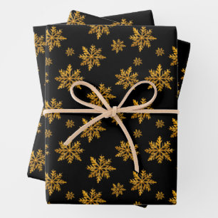 Kerstgoud Kristallen Sneeuwvlokken op Zwart Inpakpapier Vel