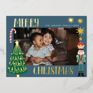 Kerstgoud Sint Notenkraker Schattig Familie Foto Folie Uitnodiging Briefkaart