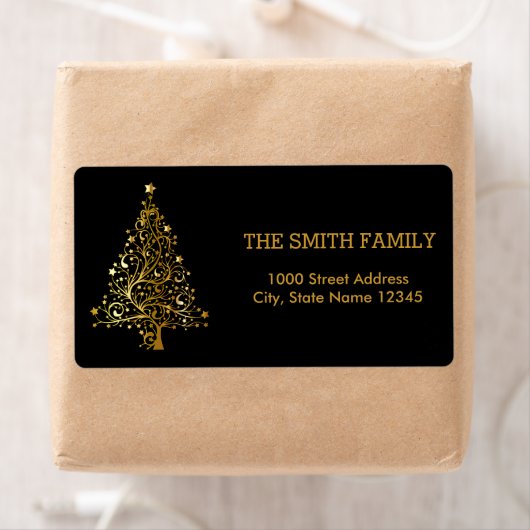 Kerstgoudboom met zwarte achtergrond etiket (Insitu)