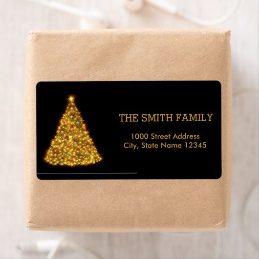 Kerstgoudboom met zwarte achtergrond etiket (Insitu)