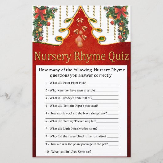 Kerstgoudboomzuriery Rhyme Quiz baby shower (Voorkant)