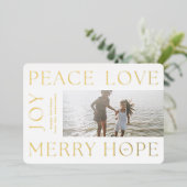 Kerstgoudbrieven MERRY JOY PEACE LOVE foto Folie Feestdagenkaart (Staand Voorkant)