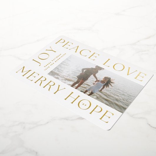 Kerstgoudbrieven MERRY JOY PEACE LOVE foto Folie Feestdagenkaart (Gedraaid)