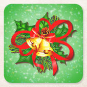 Kerstgouden cellen Green Holly Red Ribbon Kartonnen Onderzetters (Voorkant)