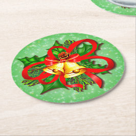 Kerstgouden cellen Green Holly Red Ribbon Ronde Kartonnen Onderzetter
