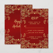 Kerstgouden Feestdagen met rode bladeren RSVP Kaartje (Voorkant / Achterkant)