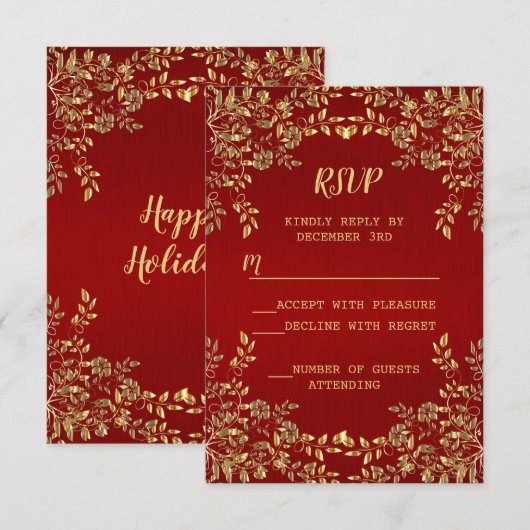 Kerstgouden Feestdagen met rode bladeren RSVP Kaartje (Voorkant / Achterkant)
