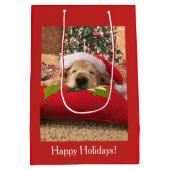 Kerstgouden koortsnaveldog onder de boom medium cadeauzakje (Achterkant)