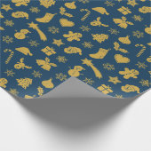 kerstgouden patroon blauwe achtergrond omhulling p cadeaupapier (Hoek)