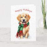 kerstgouden reclametraal in sneeuwvlokken feestdagen kaart<br><div class="desc">Waterverf Golden Retriever in een rode en groene wintersjaal en sneeuwvlokken. Alle tekst kan worden bewerkt.</div>