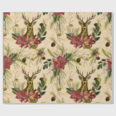 Kerstgouden rendier Poinsettia Pattern Cadeaupapier (Vlak)