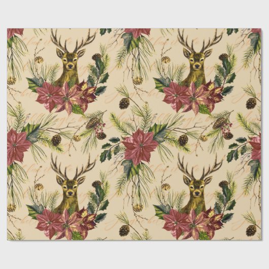 Kerstgouden rendier Poinsettia Pattern Cadeaupapier (Vlak)