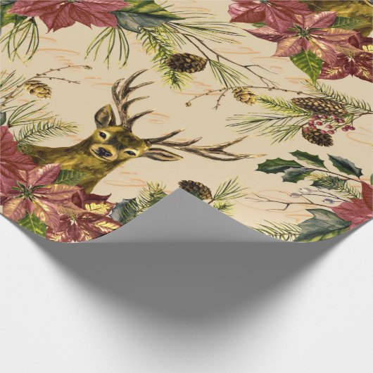 Kerstgouden rendier Poinsettia Pattern Cadeaupapier (Hoek)