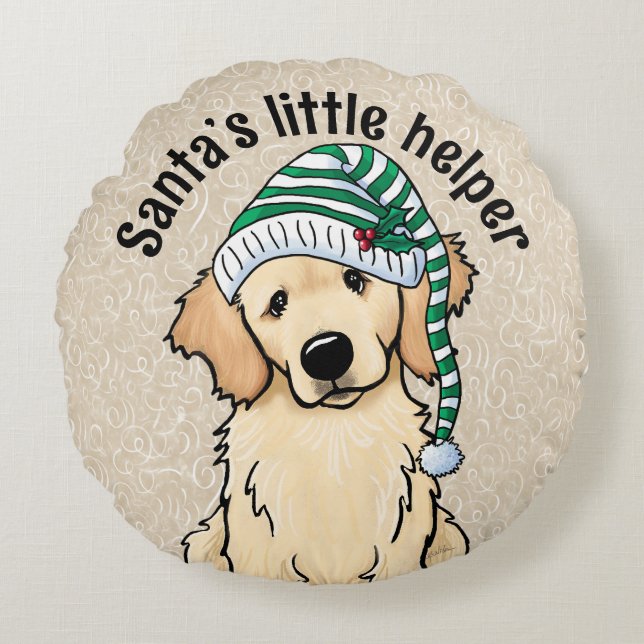 KerstGouden Retriever Rond Kussen (Voorkant)