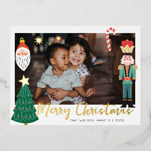 Kerstgouden Santa Notenkraker Schattige Familie Fo Folie Uitnodiging Briefkaart