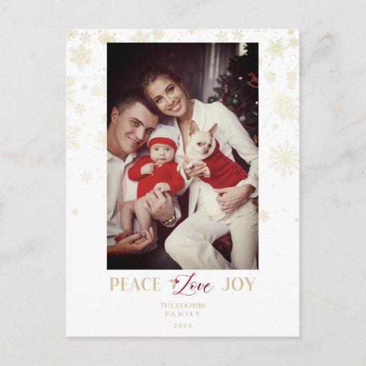 Kerstgouden sneeuwvlokken en Holly Custom Photo Feestdagenkaart (Voorkant)