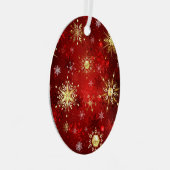 Kerstgouden sneeuwvlokken op de rode achtergrond metalen ornament (Voorkant Rechts)